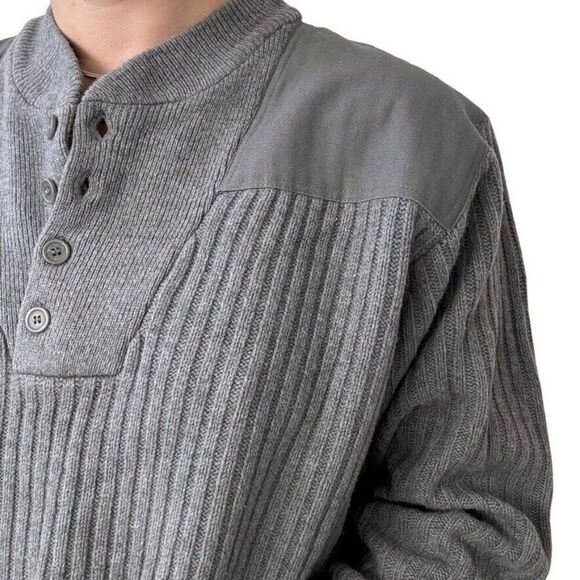 LL Bean Mens Gray 100% Merino Wool Ribbed Henley Elbow Patch Sweater Sz L Tall - Picture 3 of 6